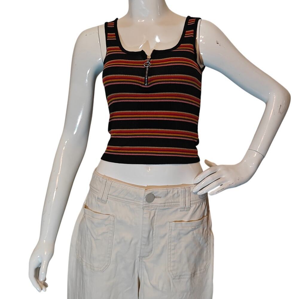 Smoke & Mirrors Striped Ribbed Zip Front Crop Tank Top S